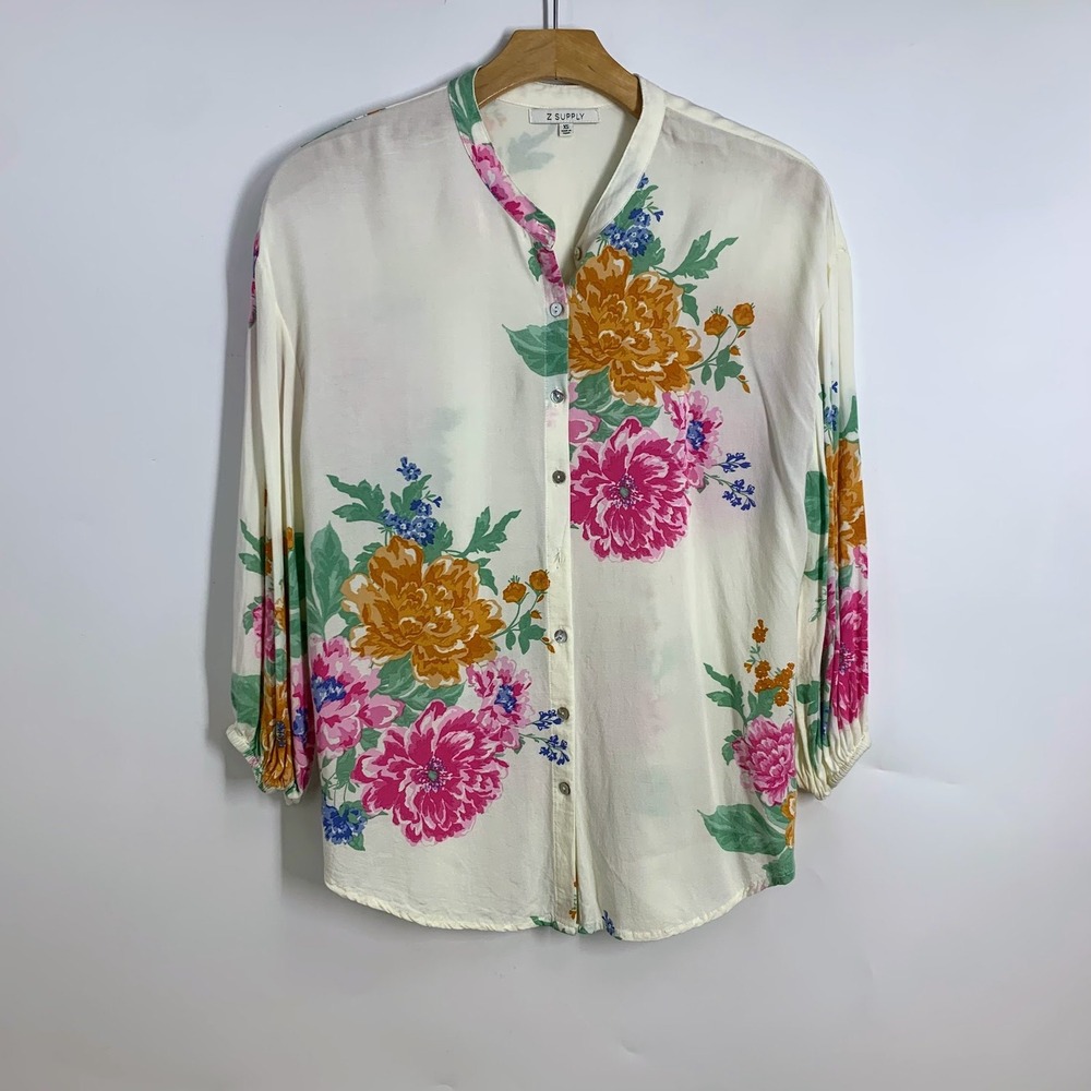 Z Supply Womens Floral Button Down Blouse Pink Orange Mandarin Collar Size‎ XS